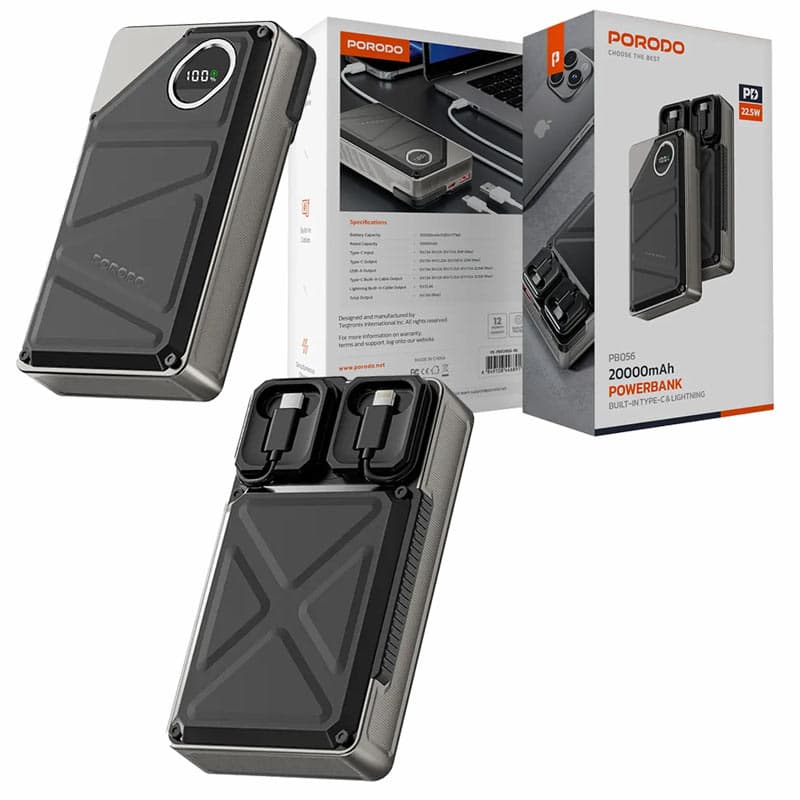 پاوربانک فست 20000mAH کابل متصل نمایشگر دار پرودو مدل porodo PB056 powerbank — تصویر ۲