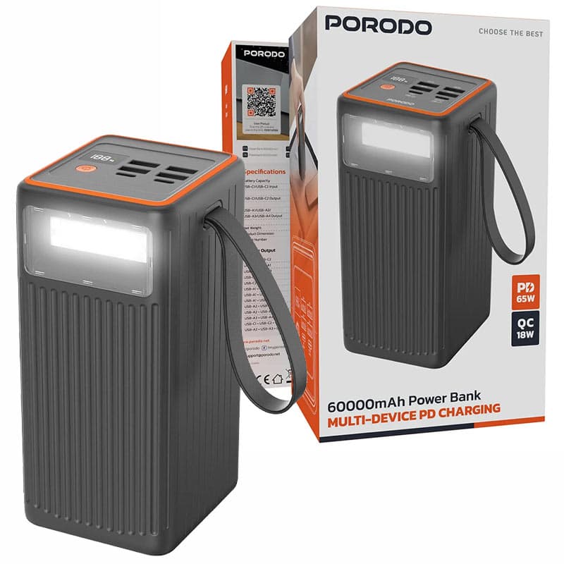پاوربانک سوپر فست 60000mAH چراغدار پرودو مدل porodo multi-device PD charging PD 65w