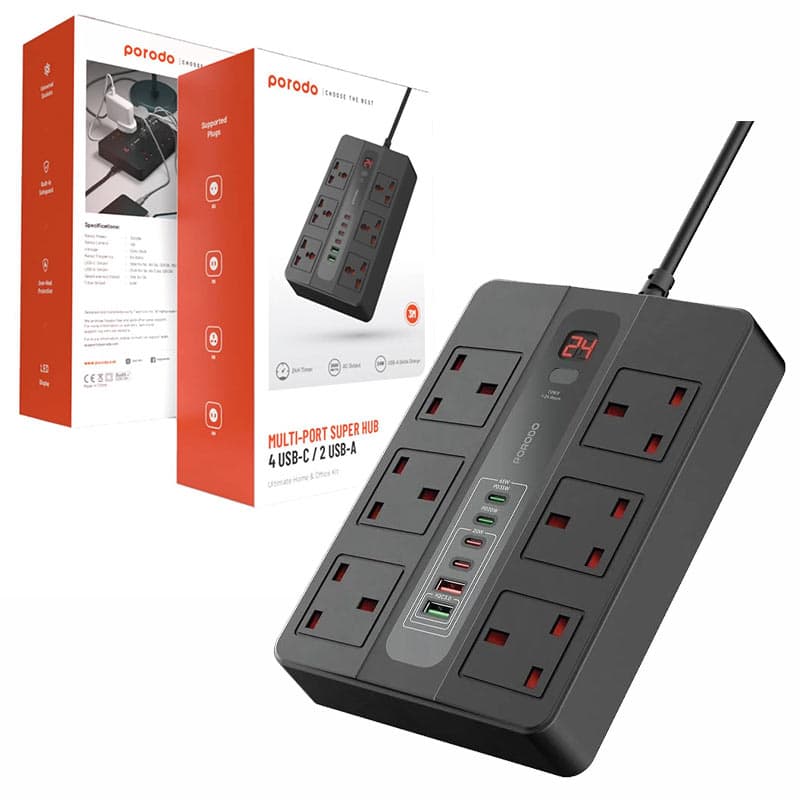 چندراهی برق 6خروجی 2USB و 4PD کلیددار تایمردار پرودو مدل Porodo multi-port supre hub fwch009