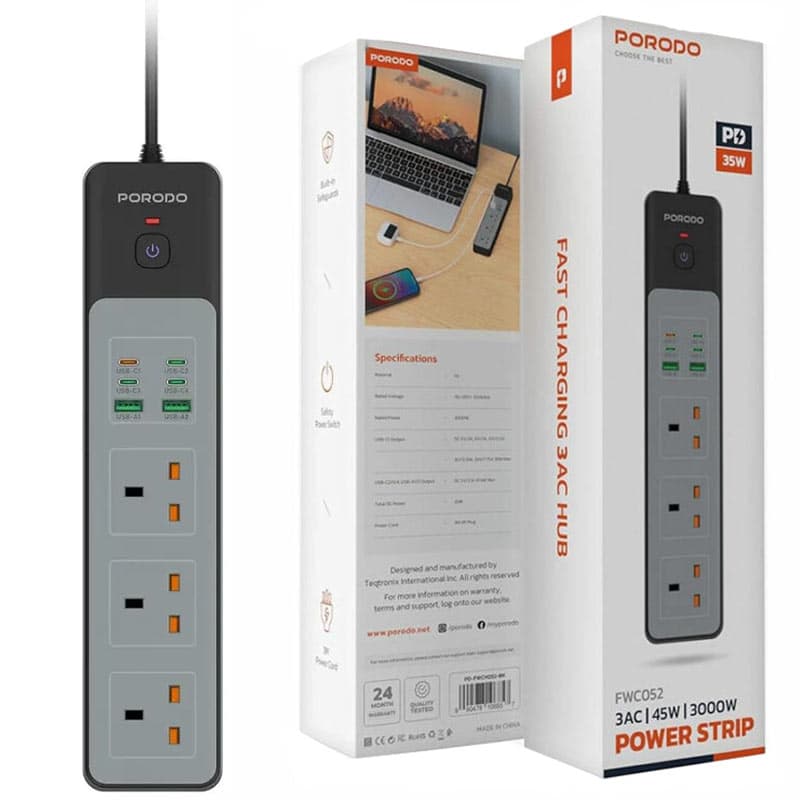 چندراهی برق کلیددار 2خروجی USB و3PDو 3AC با کابل 3متری پرودو مدل Porodo power strip FWC052 3000w