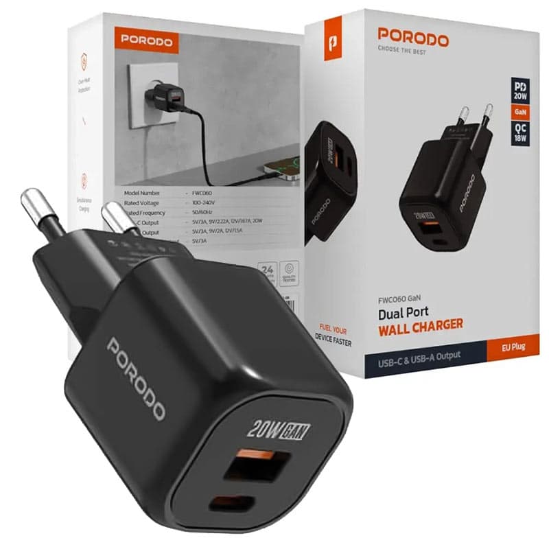 آداپتور شارژر 2پورت یک پورت PD فست 38wپرودو 2پین مدل Porodo Fwc060 Gan EU plug — تصویر ۲
