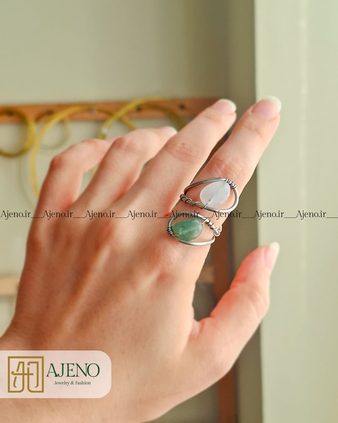 انگشتر سنگ آکوامارین و آونتورین اصل طرح منحنی