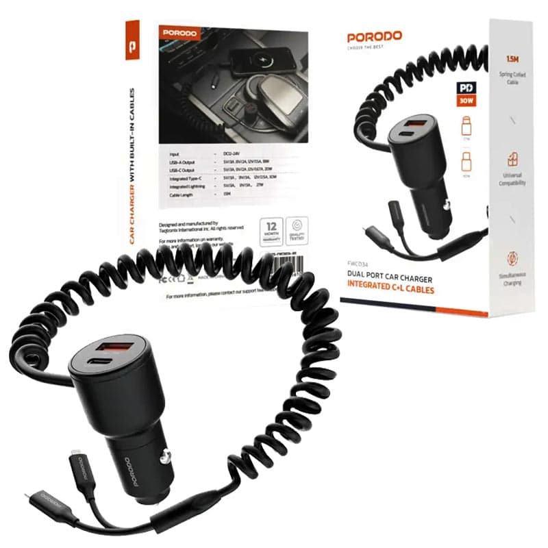 شارژر فندکی 2پورت یک پورتPD فست دارای کابل فنری type c-lightning متصل Porodo C+Lcables fwc034