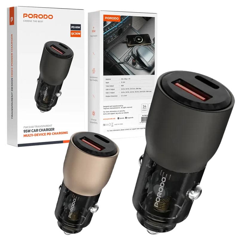 شارژر فندکی 2پورت یک پورت PD شفاف پرودو مدل Porodo 95w car chargert Fwc048DT