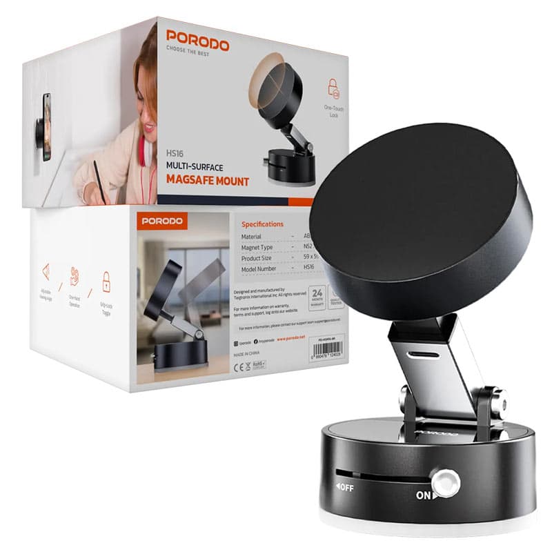 هولدر موبایل وکیوم چرخشی مگسیف پرودو مدل porodo multi-surface magsafe mount HS16