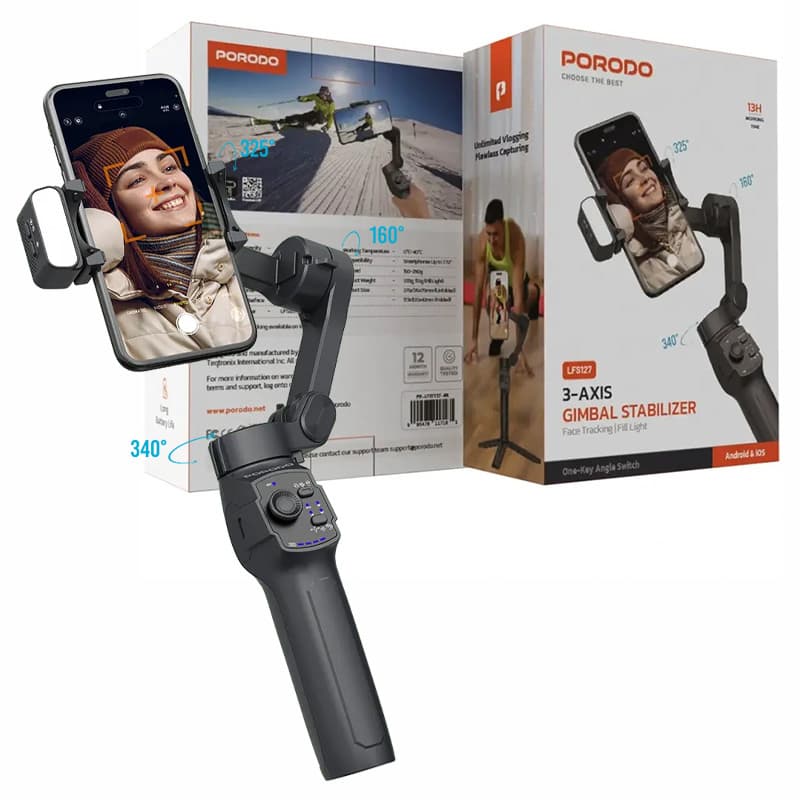 گیمبال و استابلایزر 3محوره هوشمند چراغدار پرودو مدل Porodo 3-Axis Gimbal lfs127 — تصویر ۲