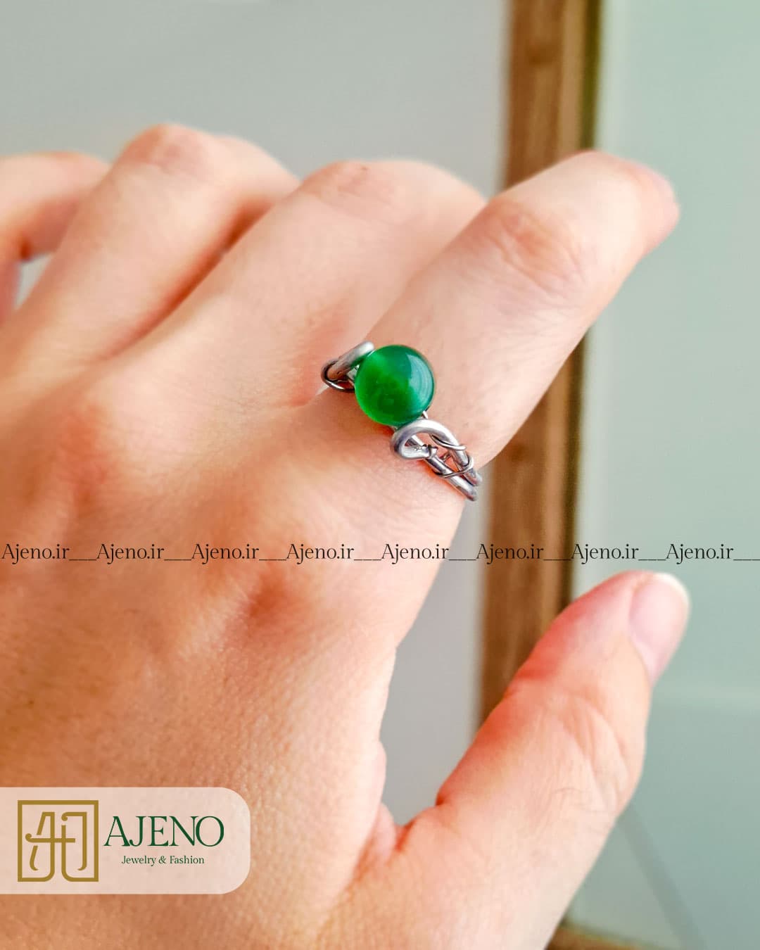ست انگشتر و دستبند استیل سنگ عقیق سبز کد 091 — تصویر ۲