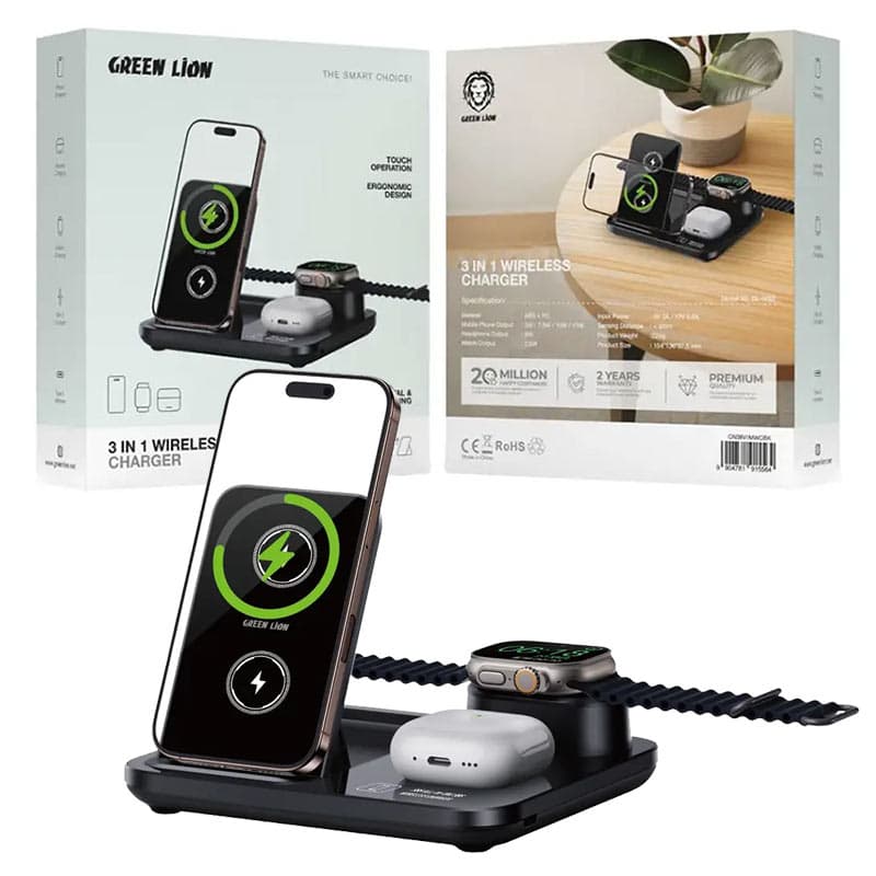 استند شارژ وایرلس مگ سیف گرین لاین مدل Green lion 3in1 wireless charger Gl-ws2