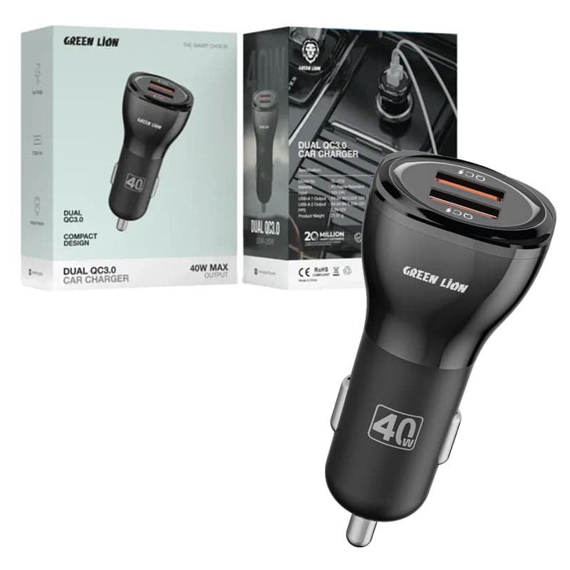 شارژر فندکی 2 پورت 40 وات گرین لاین مدل Green Lion dual QC3.0 GL-CC9 40W