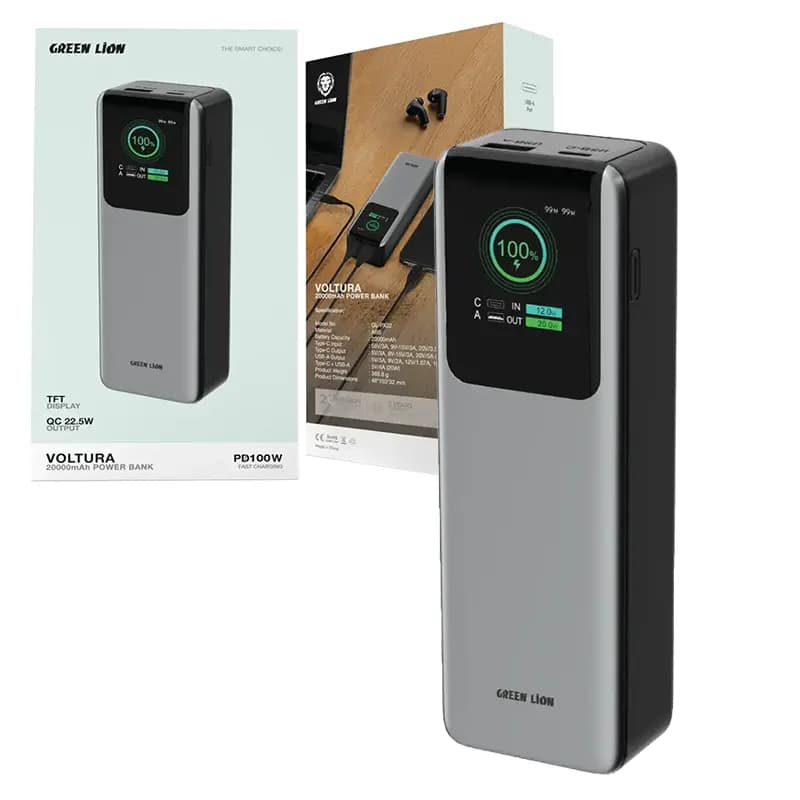 پاوربانک 20000mAH سوپر فست Green Lion Voltura Power Bank 100W TFT Display — تصویر ۲