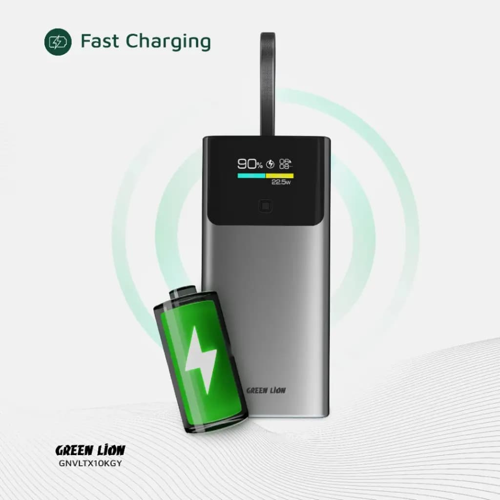 پاوربانک 10000mAh سوپر فست با کابل متصل Green Lion Voltix Power Bank 22.5W TFT Display — تصویر ۷