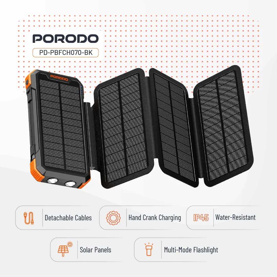 پاوربانک 4پنل خورشیدی 20000mAH پرودو مدل Porodo 4-panel solar PB070 — تصویر ۴