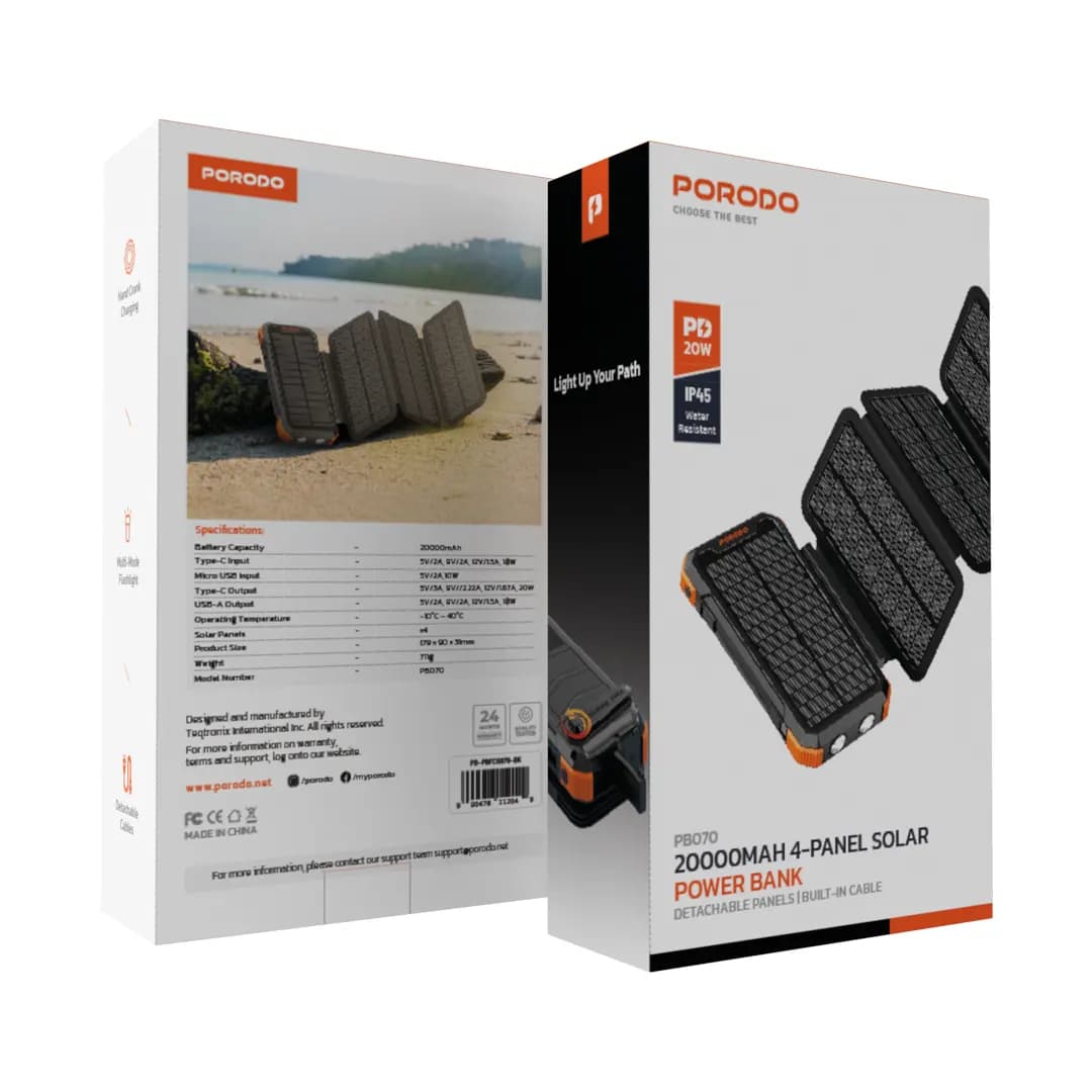 پاوربانک 4پنل خورشیدی 20000mAH پرودو مدل Porodo 4-panel solar PB070 — تصویر ۷