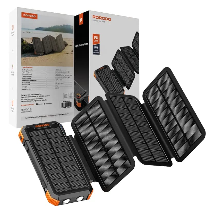 پاوربانک 4پنل خورشیدی 20000mAH پرودو مدل Porodo 4-panel solar PB070 — تصویر ۲