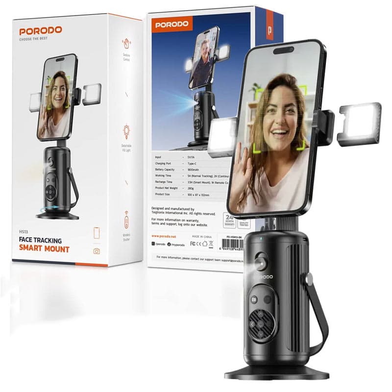 گیمبال رومیزی چراغدار مدل چهره یاب پرودو Porodo face tracking smart mount HS13