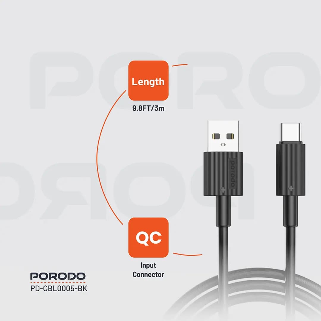 کابل شارژ و دیتا type-c فست 3متری پرودو مدل Porodo CBL0005 — تصویر ۶