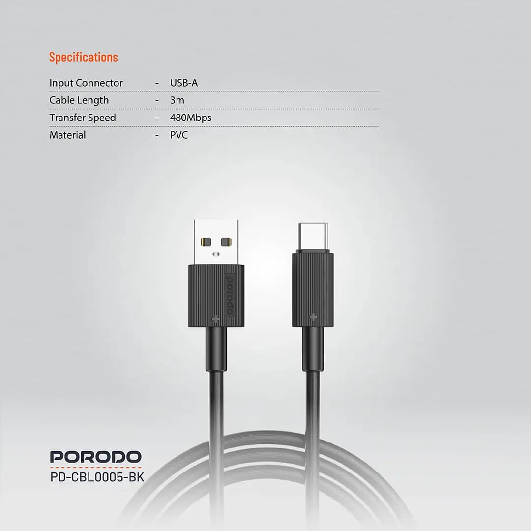 کابل شارژ و دیتا type-c فست 3متری پرودو مدل Porodo CBL0005 — تصویر ۷