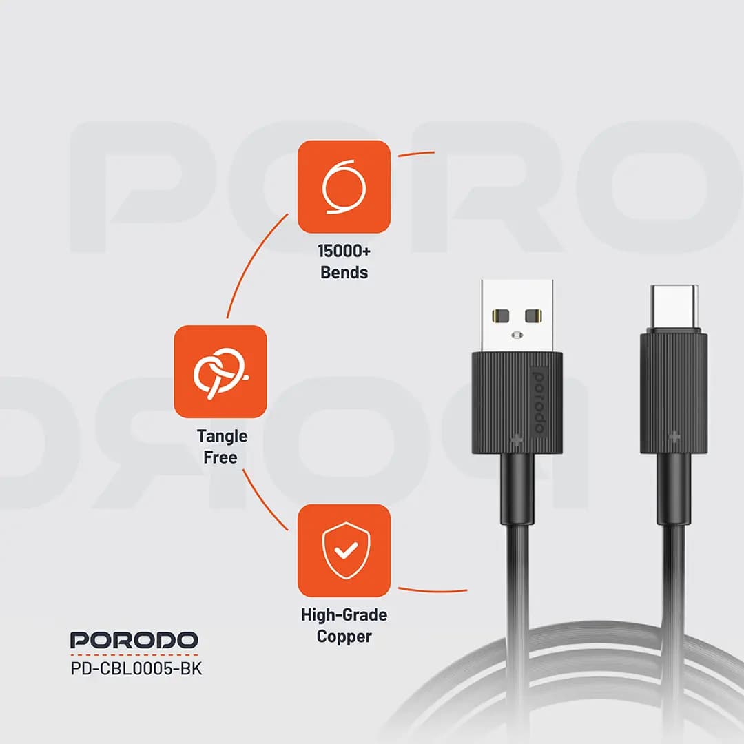 کابل شارژ و دیتا type-c فست 3متری پرودو مدل Porodo CBL0005 — تصویر ۴