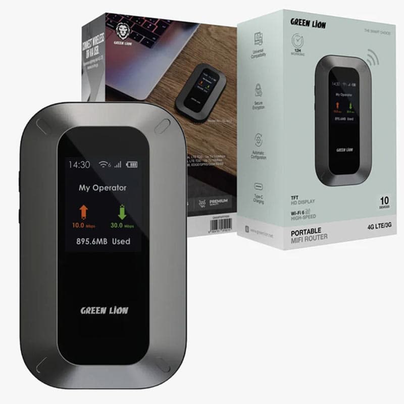 مودم روتر شارژی سیم کارتی Green Lion Portable MIFI router GL-M12 4G LTE WiFi 6 مشکی Display HD
