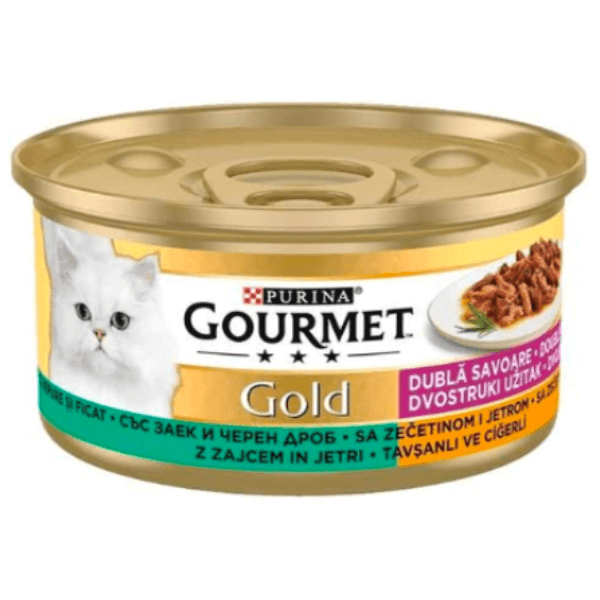 کنسرو غذای گربه گورمت با طعم گوشت خرگوش و جگر۸۵ گرم(ترک)_Gourmet Gold Rabbit & Liver In Gravy