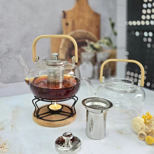 قوری پیرکس دسته بامبو صافی و درب استیل — تصویر ۳