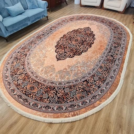 فرش چاپی فرشینه برند حسن نیا مخمل هازان بیضی زمینه روشن b43(پس کرایه) — تصویر ۵