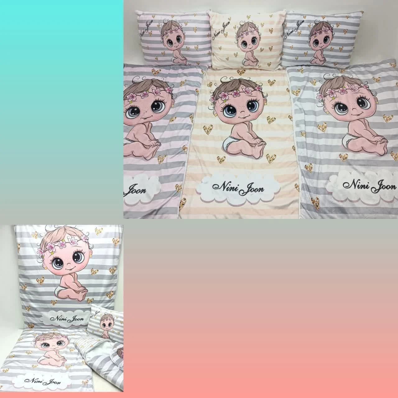 سرویس خواب نوزادی مخمل اعلاء چهارتیکه با جنس عالی و الیاف ضدحساسیت تشک و بالشت و لحاف و قنداق فرنگی — تصویر ۳