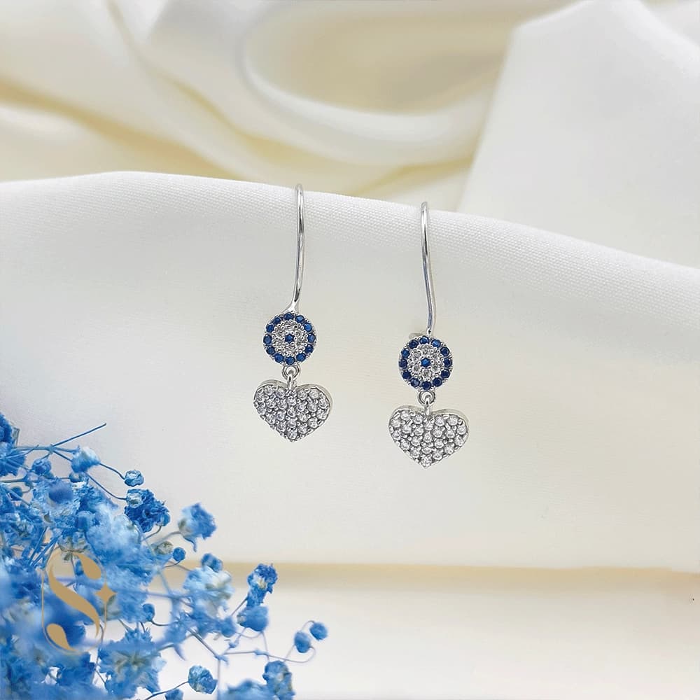 گوشواره نقره زنانه طرح چشم نظر قلب کد SilverSet-G557