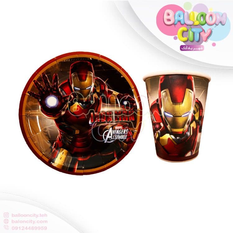 پیش دستی و لیوان تم تولد طرح مرد اهنین Iron Man بسته 10 عددی