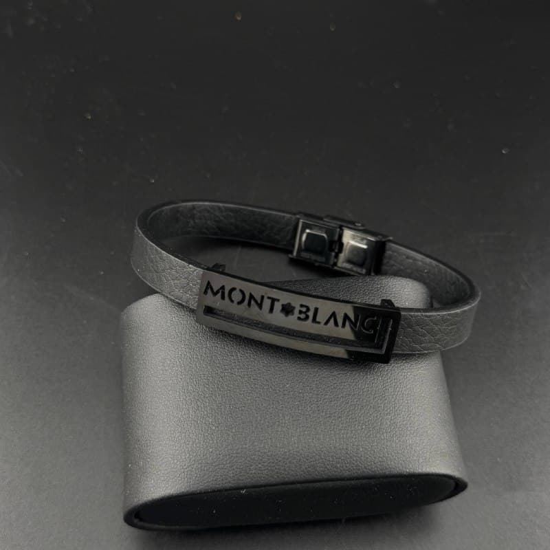 دستبند چرم مردانه طرح مونت بلانک (Montblanc) | تمام مشکی — تصویر ۴