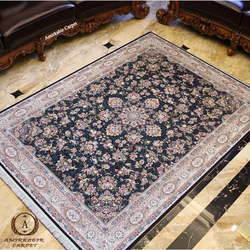 فرش افشان آریا سرمه ای ۱۲۰۰ شانه گل برجسته — تصویر ۲