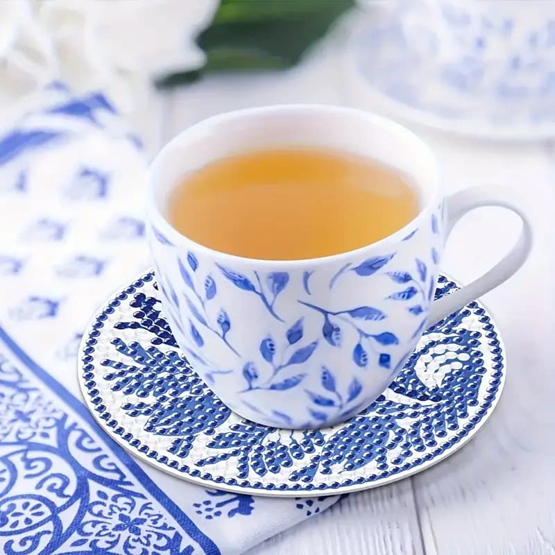 کیت نقاشی الماسی خام زیر لیوانی رنگ آمیزی با الماس (سبک گرد آبی و سفید)