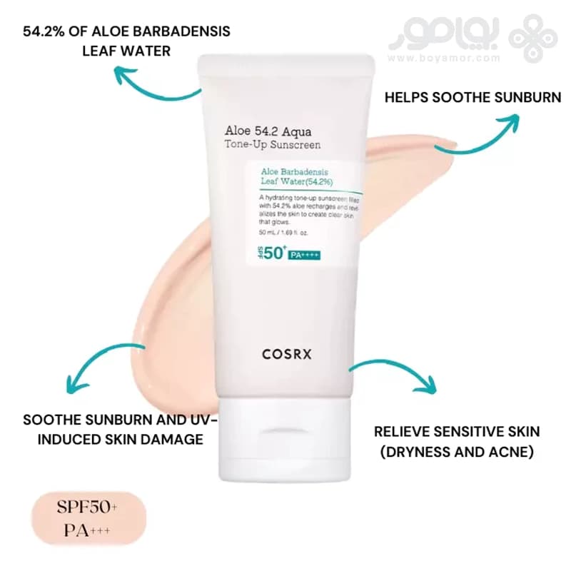 كرم ضد آفتاب روشن كننده Aloe 54.2 Aqua كوزاركس SPF50+ حجم 50 ميل — تصویر ۴