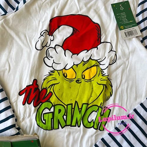 بلوز شلوار نخی سفید راه راه مشکی the grinch — تصویر ۲