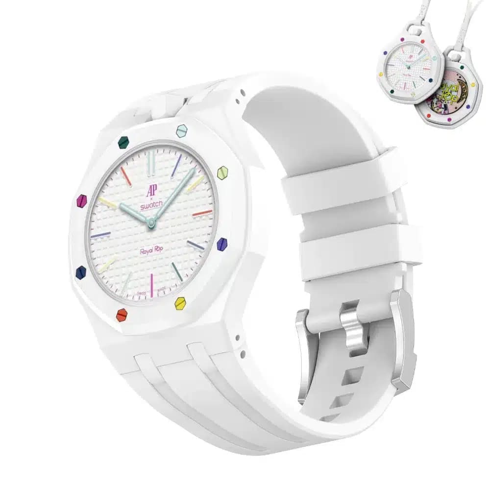 ساعت سواچ x آدومارس پیگه مدل Swatch x Audemars Piguet Royal Pop – HUIT BLANC به همراه بند سیلیکونی