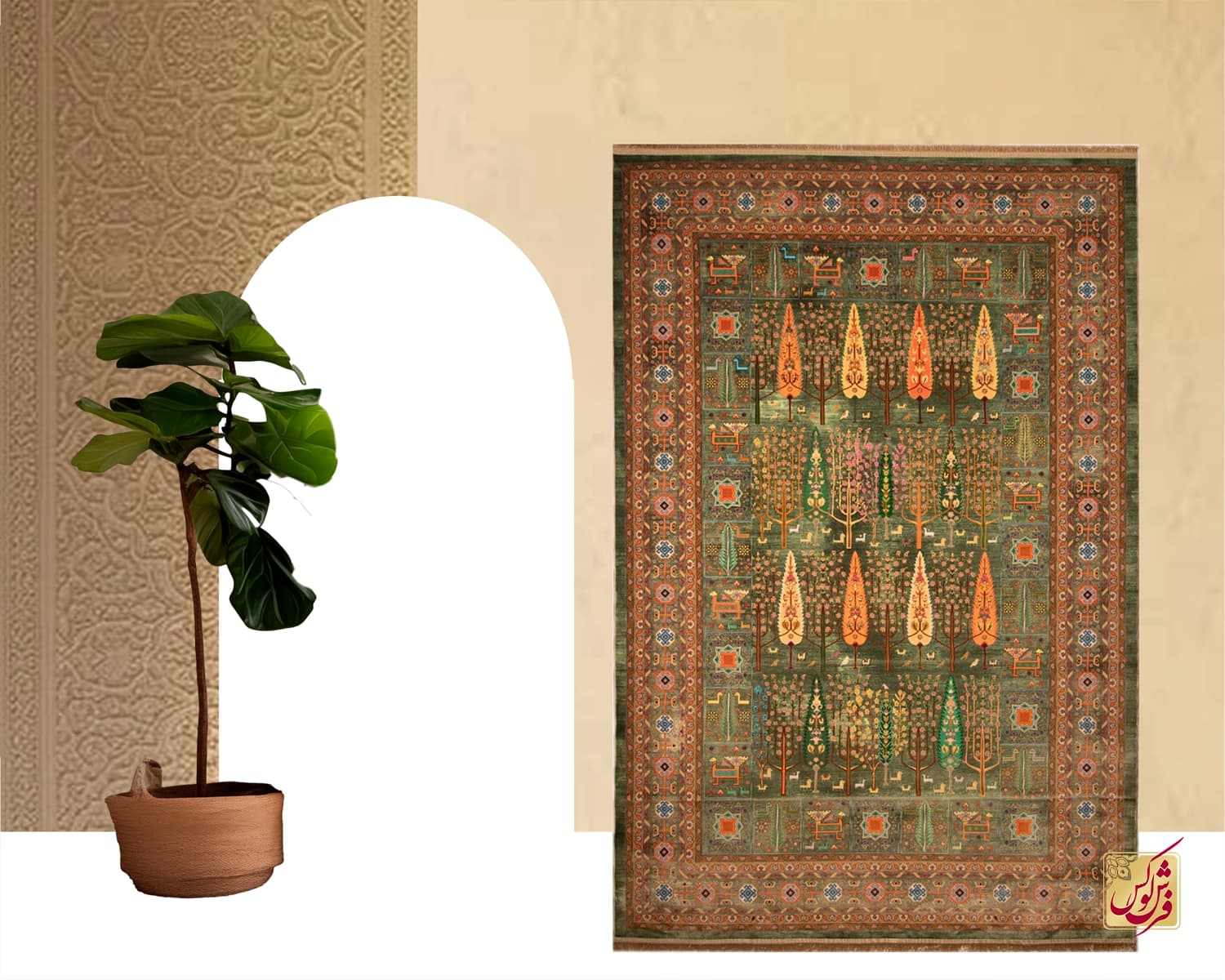 فرش ابریشم ماشینی T1049 سبز نارنجی
