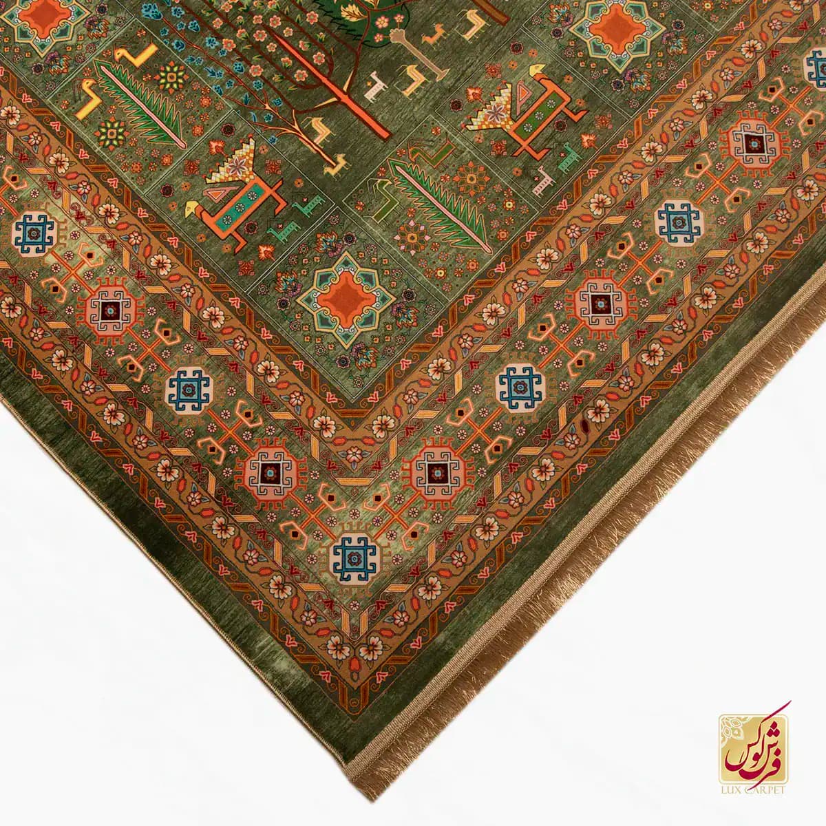 فرش ابریشم ماشینی T1049 سبز نارنجی — تصویر ۵