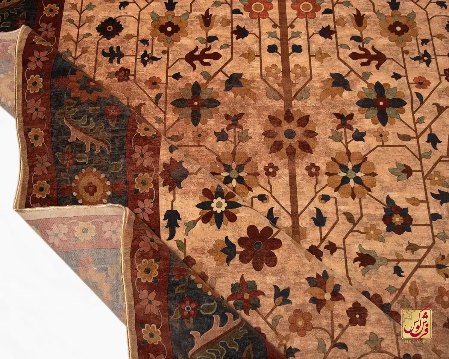 فرش ابریشم ماشینی Z1086 کرم حاشیه سرمه ای — تصویر ۶