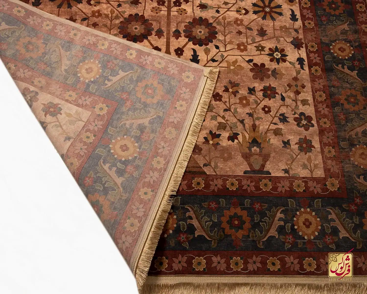 فرش ابریشم ماشینی Z1086 کرم حاشیه سرمه ای — تصویر ۸