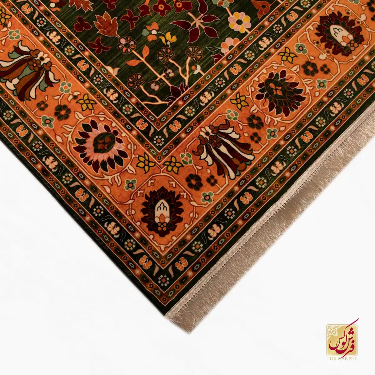 فرش ابریشم ماشینی 730302 سبز نارنجی — تصویر ۳