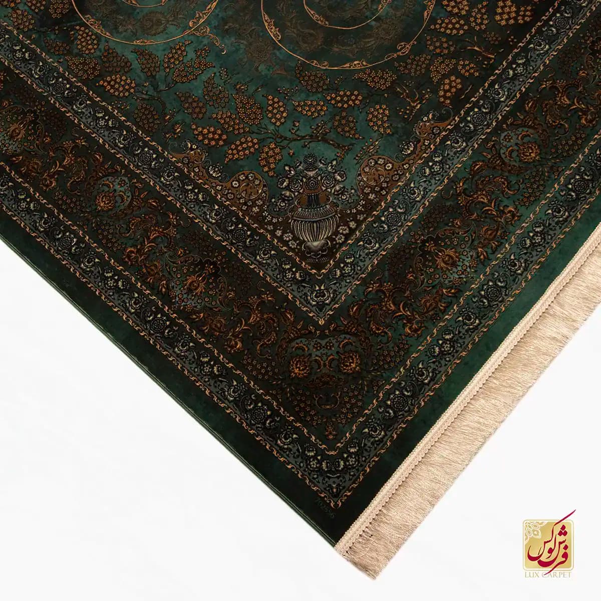فرش ابریشم ماشینی 702556 سبز طلایی — تصویر ۴