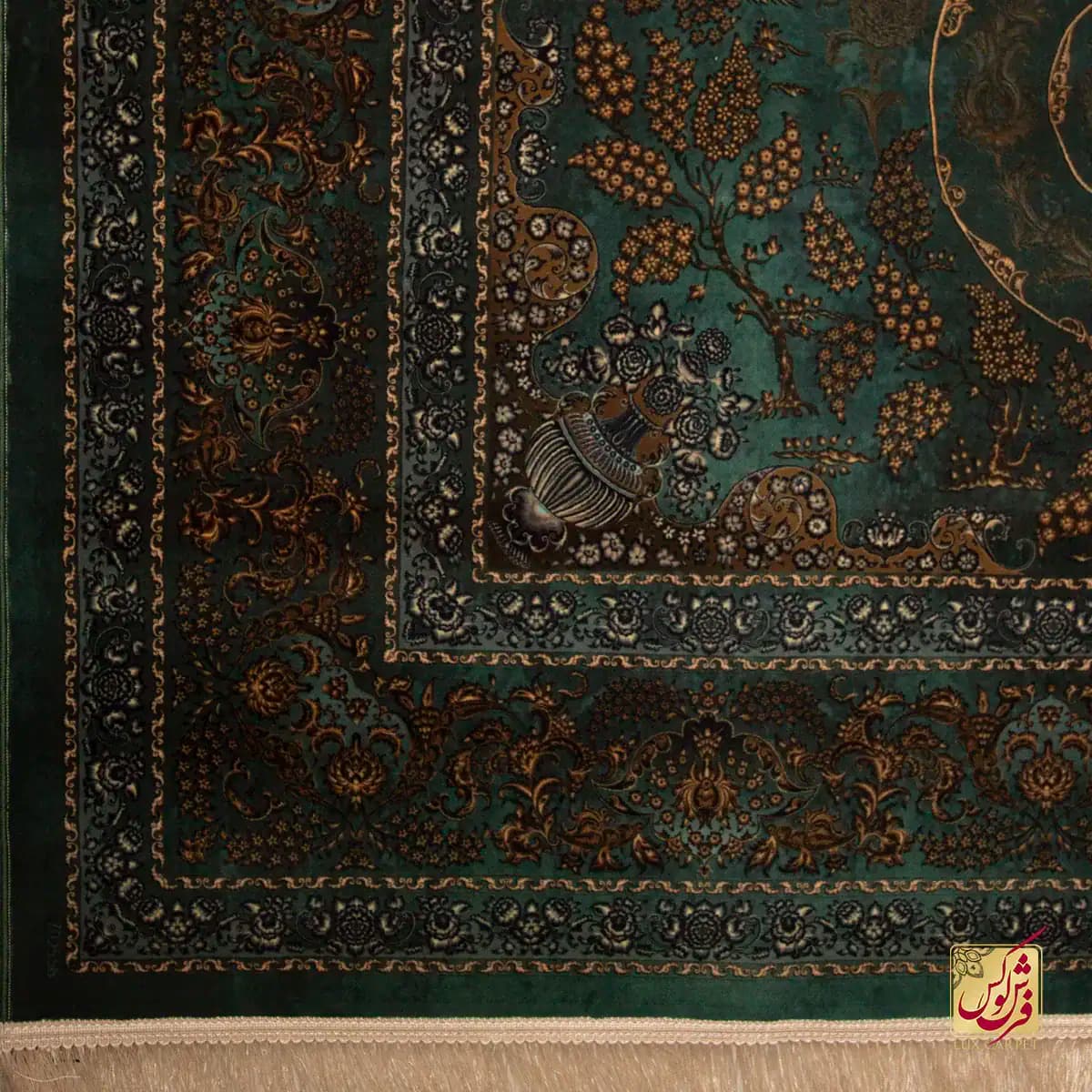 فرش ابریشم ماشینی 702556 سبز طلایی — تصویر ۵