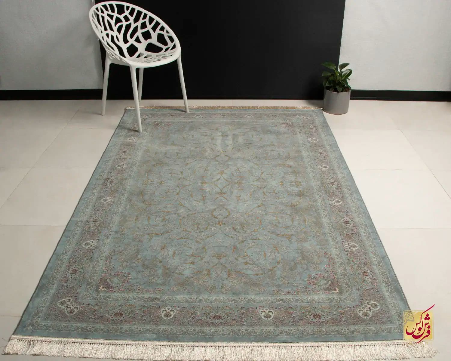 فرش ابریشم ماشینی 702550 فیروزه‌ای طلایی