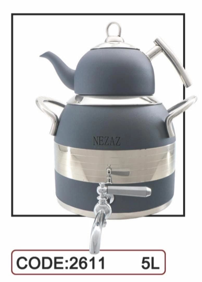 کتری قوری نزاز NEZAZ طرح ترک 5 لیتری طوسی قوری استیل کف چدن کد 2611 — تصویر ۲