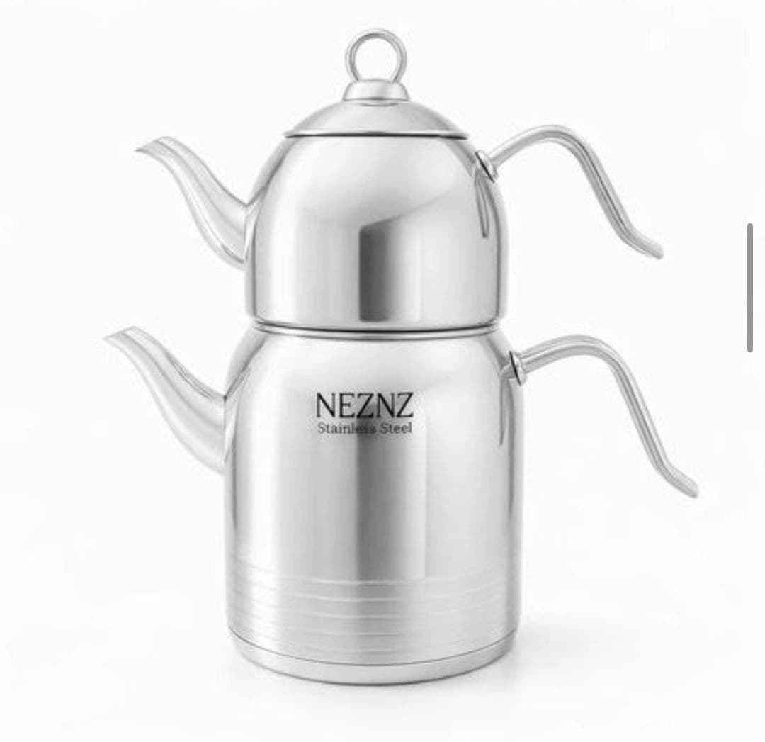 کتری قوری نزاز NEZAZ تمام استیل 3.5 لیتر قوری استیل تمام استیل کف چدن کد 2417 — تصویر ۲