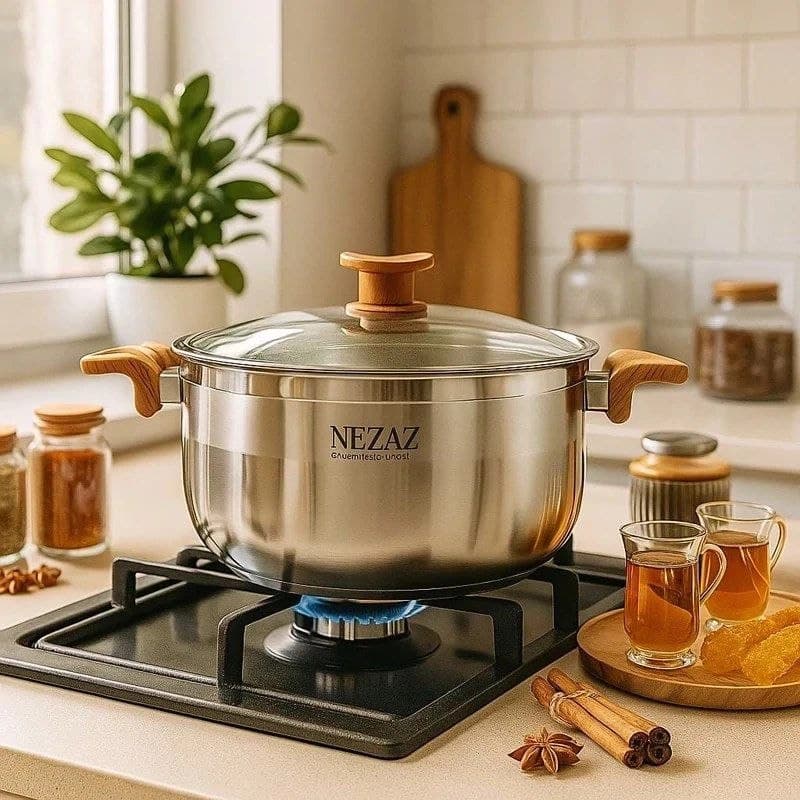 قابلمه تک نزاز NEZAZ استیل سایز 24 دسته چوب کف چدن کد 1024