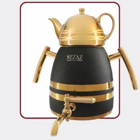 کتری قوری نزاز NEZAZ هرمی 6 لیتری مشکی دسته طلایی قوری طلایی کف چدن کد 4014 — تصویر ۲