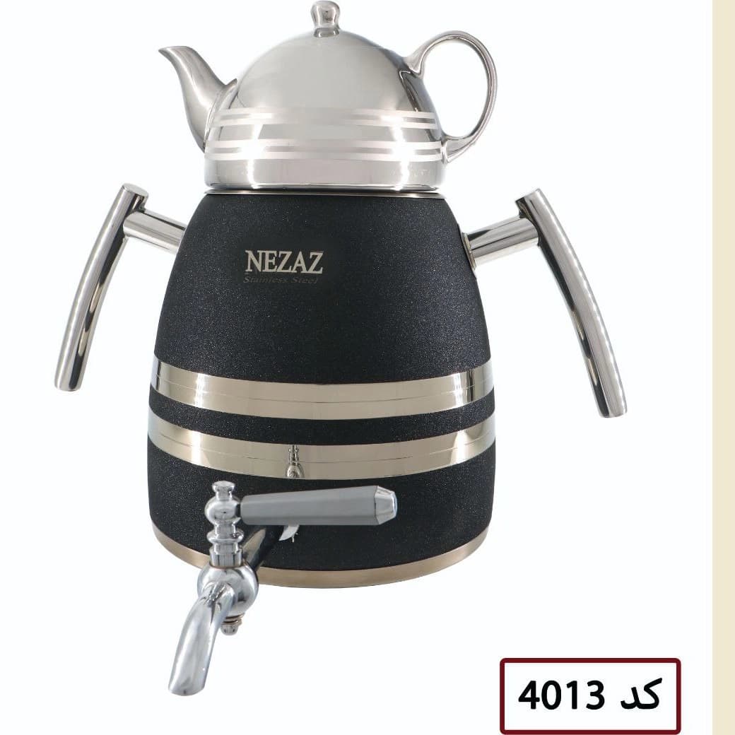 کتری قوری نزاز NEZAZ هرمی 6 لیتری مشکی قوری کروم کف چدن کد 4013 — تصویر ۲