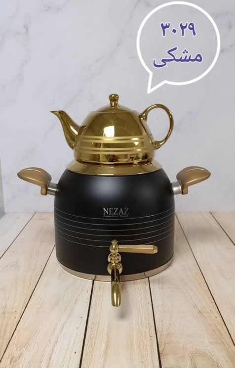 کتری قوری نزاز NEZAZ طرح ترک 5 لیتری مشکی طلایی کف چدن کد 3029 — تصویر ۲