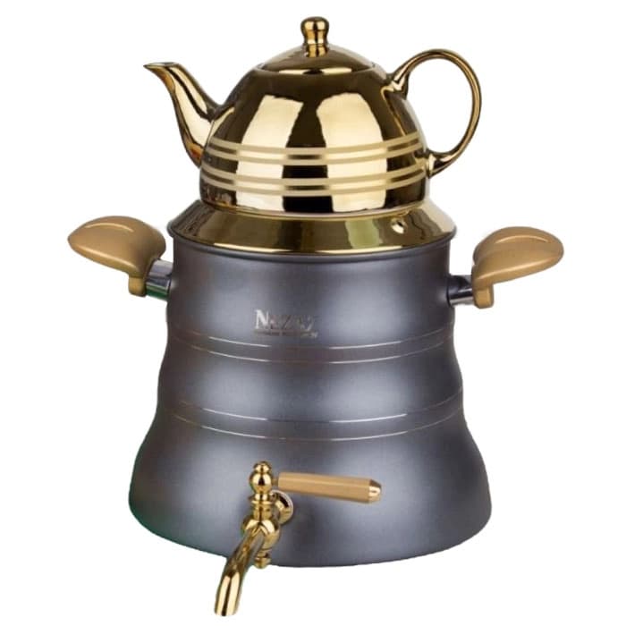 کتری قوری نزاز NEZAZ هرمی 6 لیتری طوسی طلایی کف چدن کد 3026 — تصویر ۲